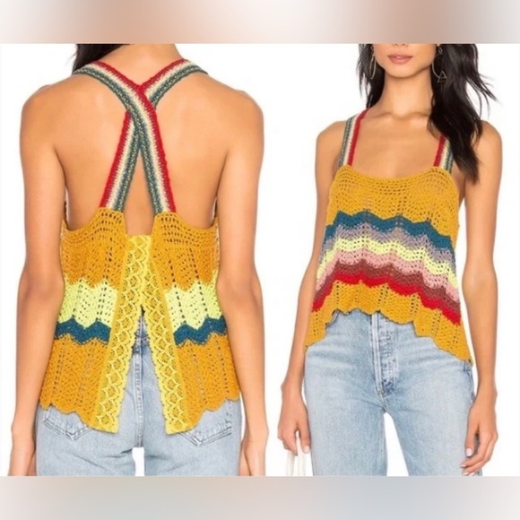 Free People Winding Road in Yellow Crochet Open Back Knit Tank Top M - Picture 1 of 16